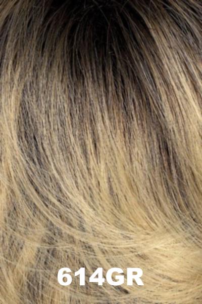 Color Swatch 614GR for Henry Margu Wig Fiona (#4749). Light beige blonde with light warm blonde highlights and brown roots.