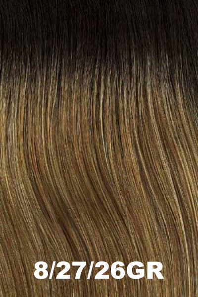 Color Swatch 8/27/26GR for Henry Margu Wig Kendall (#4758). Dark rooted color with a medium brown, dark red blonde mix, and warm blonde highlights.