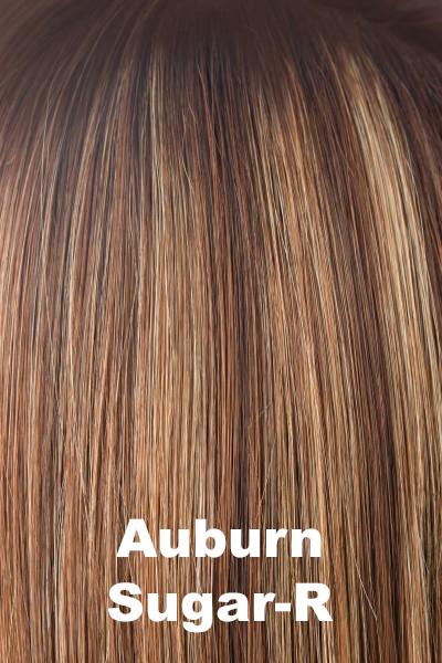 Color Auburn Sugar-R for Orchid wig Lacey (#5023). Dark brown rooted auburn brown base with a copper undertone and golden blonde, cherry blonde and smokey blonde chunky highlights.