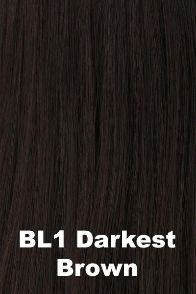 Color Darkest Brown (BL1) for Raquel Welch wig Contessa Remy Human Hair.  Off black.