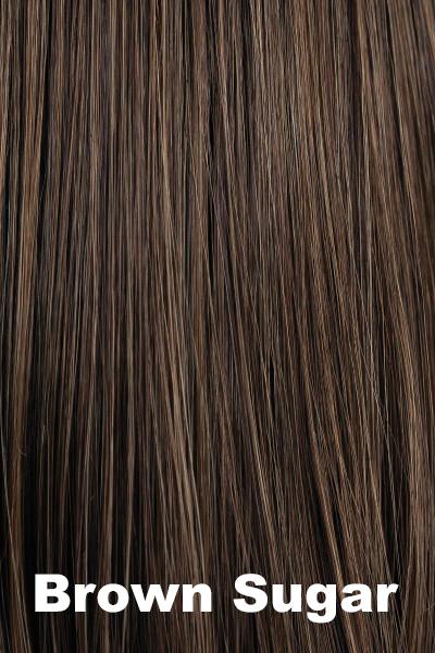 Color Brown Sugar for Orchid wig Valentina (#5027). Dark chocolate blended with light chocolate tones and a dark root. This mixture creates a perfectly balanced medium natural brown.