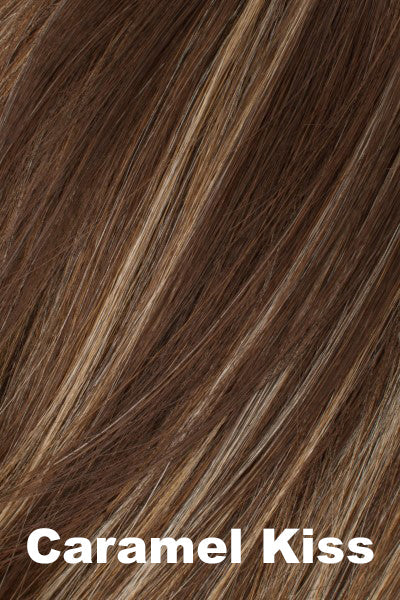 Color Caramel Kiss for Tony of Beverly wig Harlow.  Natural brown with chunky golden and caramel blonde highlights.