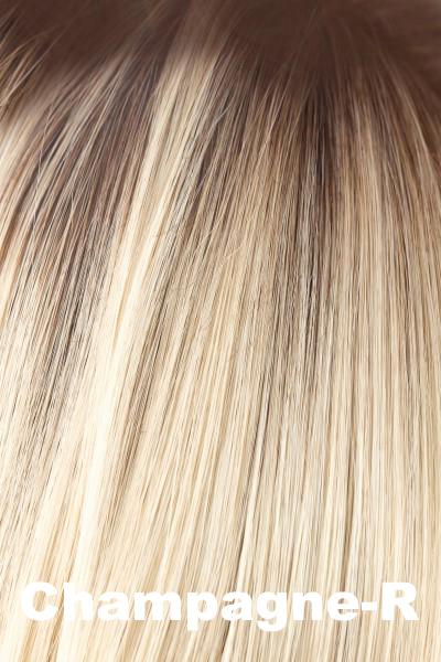 Color Champagne-R for Orchid wig Lacey (#5023). Creamy blonde base with a golden blonde hue and a warm medium blonde rooting.