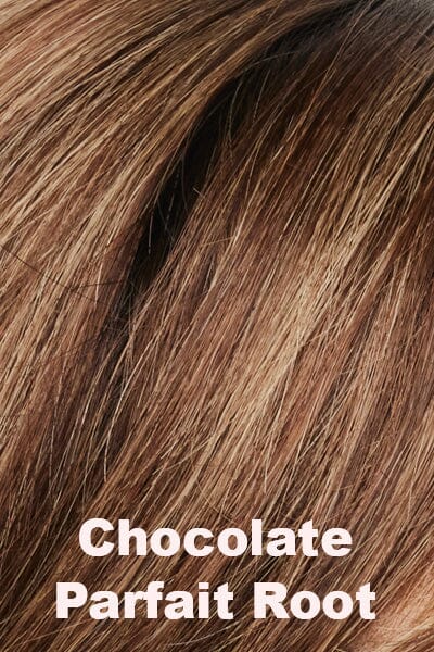 Color Chocolate Parfait Root for Amore Remy 14" Human Hair Top Piece (#8708). Warm brown base with natural creamy highlights and dark roots.