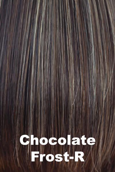 Color Chocolate Frost-R for Orchid wig Lacey (#5023). Warm toned soft medium brown base with cool toned light blonde and warm toned dark blonde highlights and a neutral dark brown root.