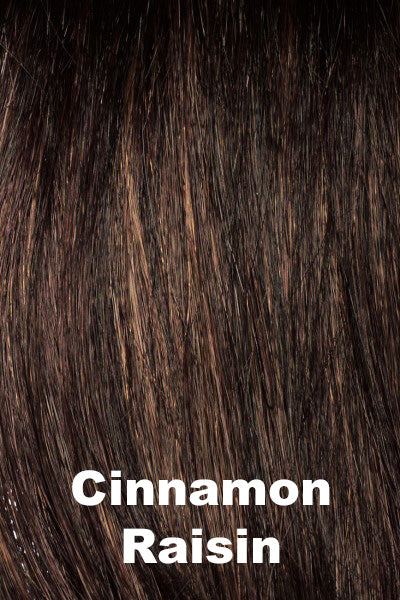Color Swatch Cinnamon Raisin for Envy wig Lisa Human Hair Blend.  A blend of medium chestnut brown with subtle golden auburn highlights.