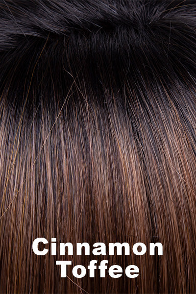 Color Swatch Cinnamon Toffee  for Envy wig Petite Paige.  Blend of neutral and light golden brown base with rich dark brown rooting.