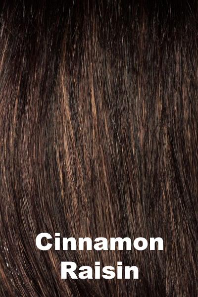 Color Swatch Cinnamon Raisin  for Envy wig Selena Human Hair Blend.  A blend of medium chestnut brown with subtle golden auburn highlights.