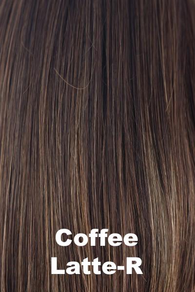 Color Coffee Latte-R for Orchid wig Scorpio (#5020). Rich medium brown base with warm medium brown and medium golden blonde highlights and a deep dark brown root.