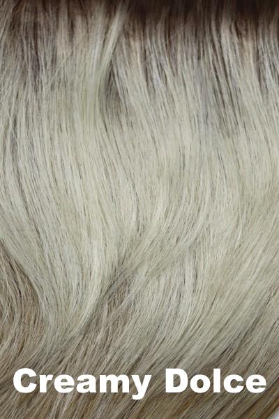 Color Creamy Dolce for Orchid wig Carter (#6528). White blonde and pale cream blonde blend with dark to medium honey brown roots.