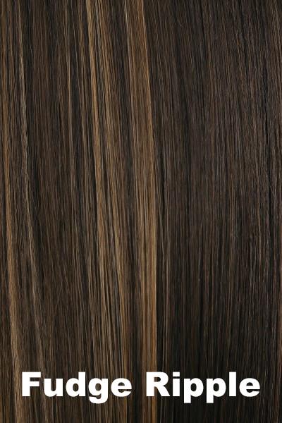 Color Fudge Ripple for Orchid wig Scorpio (#5020). Dark brown with cool undertones and medium ashy blonde highlights.