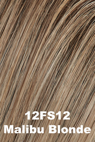 Color 12FS12 (Malibu Blonde) for Jon Renau wig Vanessa (#5386). Natural sunkissed blonde that has a honey blond base, lighter cream and wheat blonde highlights, and a medium brown root.