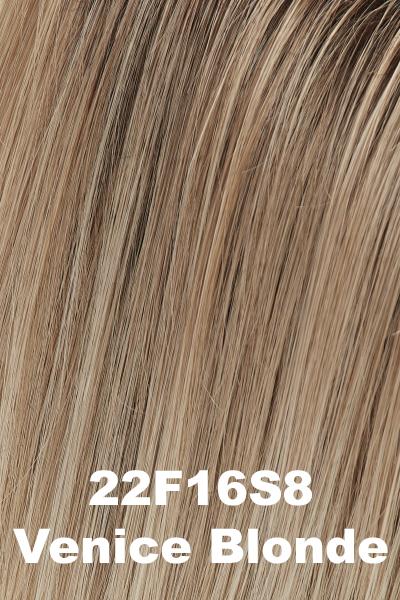 Color 22F16S8 (Venice Blonde) for Jon Renau wig Lily Petite (#5358). Medium brown root with a cool blend of light ash blonde, dark blonde and golden blonde.