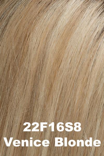 Color 22F16S8 (Venice Blonde) for Jon Renau wig Elle (#5382). Medium brown root with a cool blend of light ash blonde, dark blonde and golden blonde.