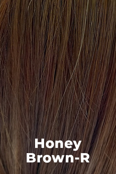 Color Honey Brown-R for Rene of Paris wig Lennox #2395. Dark brown root with Sunkissed medium brown base and medium honey blonde highlights.