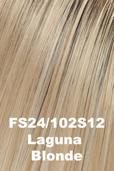 Color FS24/102S12 (Laguna Blonde) for Jon Renau wig Mariah (#5173). Pale creamy blonde base with subtle honey blonde woven throughout and a light golden brown root.