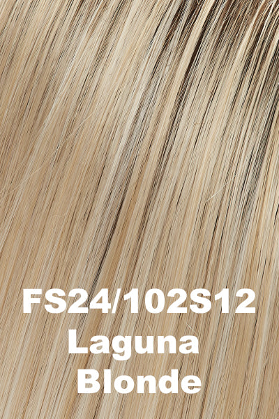 Color FS24/102S12 (Laguna Blonde) for Jon Renau top piece Top Wave 18" (#5993). Pale creamy blonde base with subtle honey blonde woven throughout and a light golden brown root.