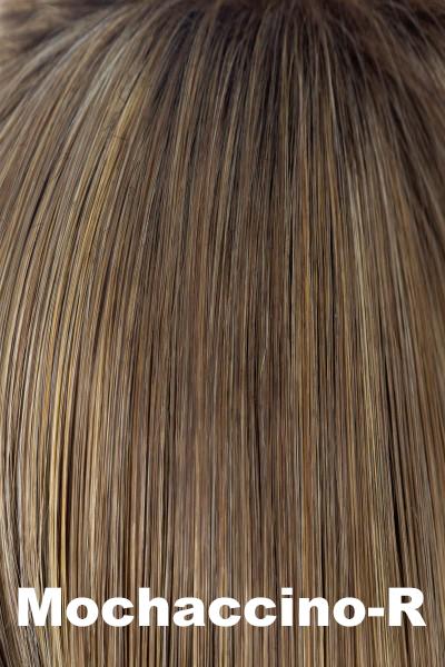 Color Mochaccino-R for Noriko wig May #1673. Dark chocolate room with creamy and icy coconut blonde highlights and a chocolate undertone.