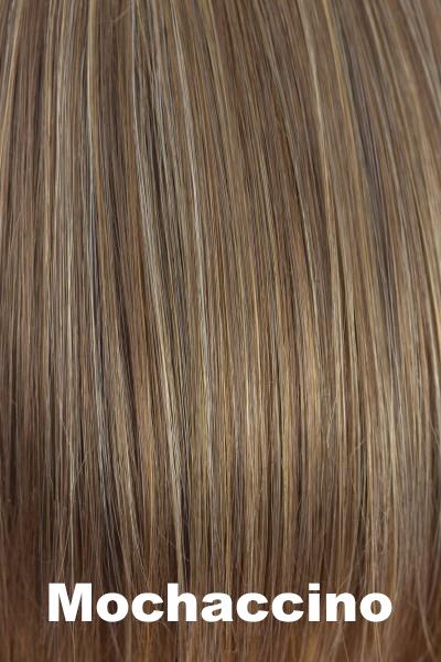 Color Mochaccino for Orchid wig Lacey (#5023). Rich medium warm brown base with cream and ice coconut blonde highlights and a chocolate undertone.