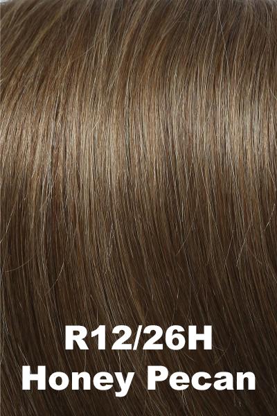 Color Honey Pecan (R12/26H)  for Raquel Welch wig Beguile Human Hair.  Light brown base with dark strawberry blonde highlights.