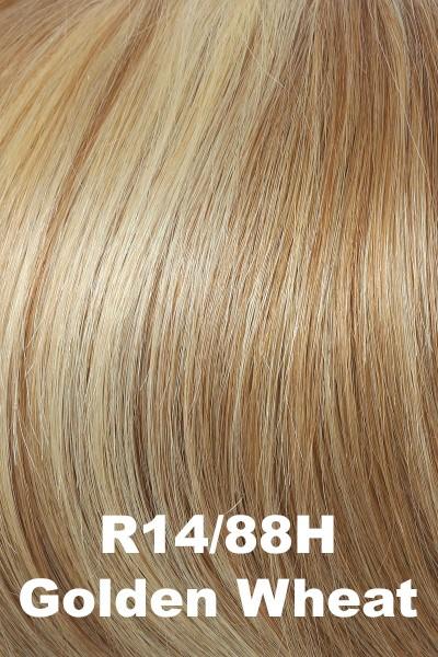 Color Golden Wheat (R14/88H) for Raquel Welch Top Piece Gilded 18" Human Hair.  Dark blonde base with golden platinum blonde highlights.