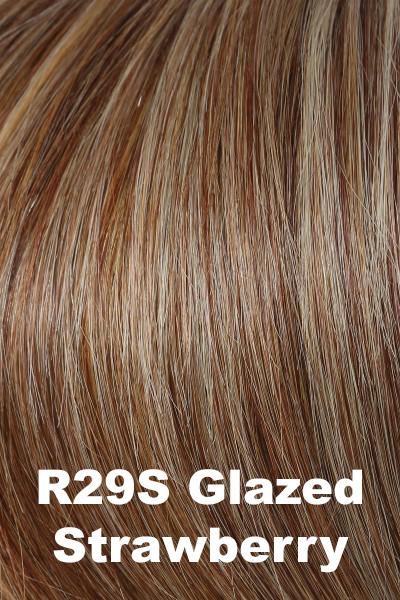 Color Glazed Strawberry (R29S) for Raquel Welch wig Without Consequence Human Hair.  Light red base with strawberry blonde and natural blonde highlights.