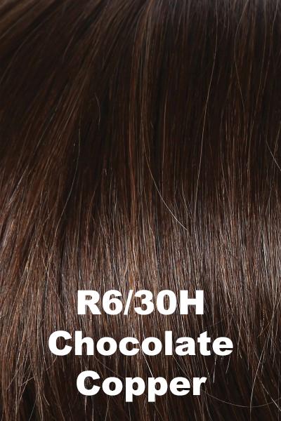 Color Chocolate Copper (R6/30H) for Raquel Welch wig Headliner Human Hair.  Rich dark chocolate brown with medium auburn highlights.