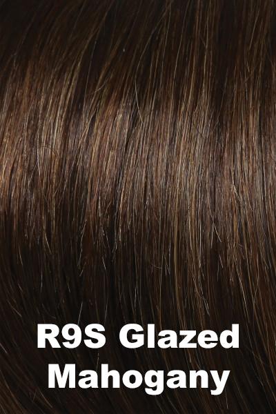 Color Glazed Mahogany (R9S)  for Raquel Welch wig Beguile Human Hair.  Dark brown base with a reddish brown undertone and golden brown highlights.