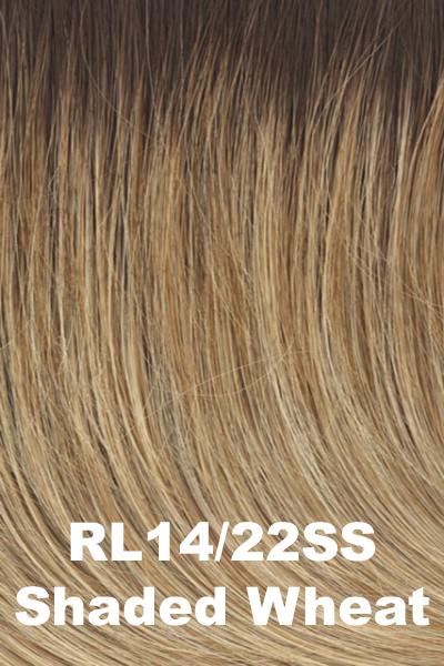 Color Shaded Wheat (RL14/22SS) for Raquel Welch wig On Your Game.  Dark rooting blended into a wheat blonde base with subtle golden undertones.