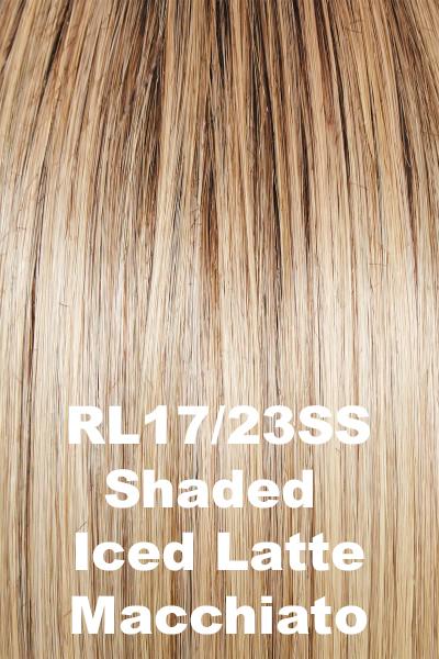 Color Shaded Iced Latte Macchiato (RL17/23SS) for Raquel Welch wig Crowd Pleaser.  Medium brown roots blending into a honey blonde and platinum blonde base.