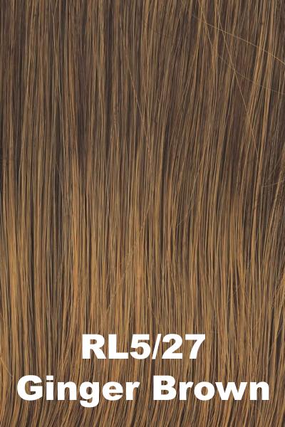 Color Ginger Brown (RL5/27) for Raquel Welch wig Enchant.  Medium brown with a golden undertone and medium golden blonde highlights.