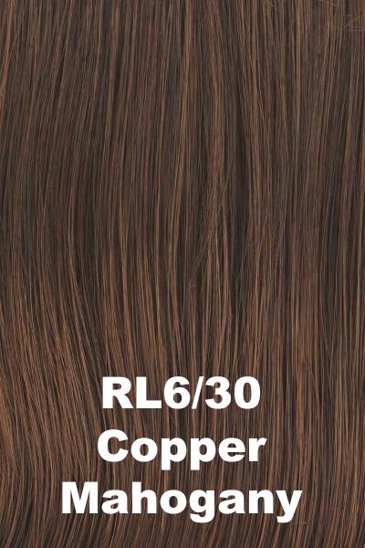 Color Copper Mahogany (RL6/30) for Raquel Welch wig Enchant.  Medium chestnut brown base blended with medium reddish brown highlights.