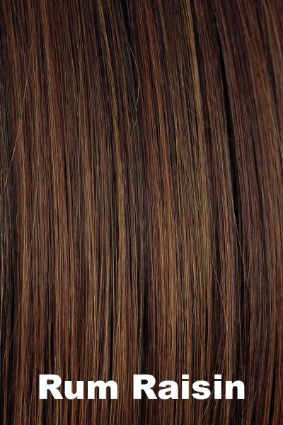 Color Rum Raisin for Orchid wig Valentina (#5027). Dark chestnut brown base with medium hazel blonde and medium mahogany red brown highlights.