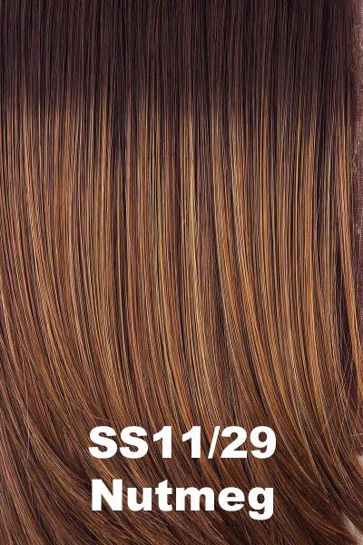 Color Shaded Nutmeg (SS11/29) for Raquel Welch wig Salsa.  Rooted warm medium brown with light ginger brown highlights.