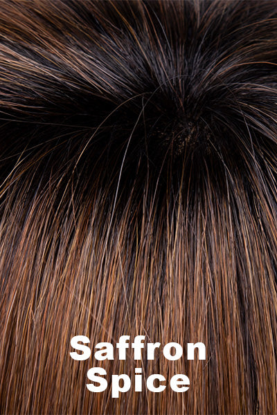 Color Swatch Saffron Spice for Envy wig Eve.  Warm reddish brown base blended with bright copper and dark brown roots.