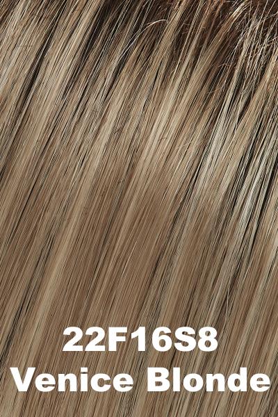 Color 22F16S8 (Venice Blonde) for Jon Renau wig Skylar (#5903). Medium brown root with a cool blend of light ash blonde, dark blonde and golden blonde.