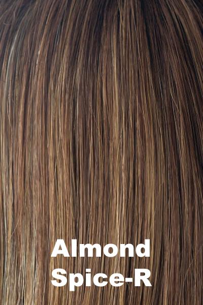 Color Almond Spice-R for Rene of Paris Long Top Piece (#732). Rooted neutral medium brown with creamy beige and golden blonde highlights