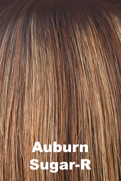 Color Auburn Sugar-R for Alexander Couture wig Harper (#1031).  Rich medium brown base with light reddish brown and medium golden blonde highlights and a deep brown root.
