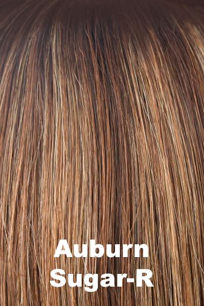 Color Auburn Sugar-R for Rene of Paris wig Bailey #2346. Dark brown rooted auburn brown base with a copper undertone and golden blonde, cherry blonde and smokey blonde chunky highlights.