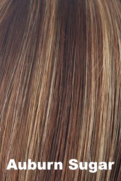 Color Auburn Sugar for Rene of Paris wig Sierra #2328. A mix of red and medium auburn brown base with a copper undertone and golden blonde, cherry blonde and smokey blonde chunky highlights.