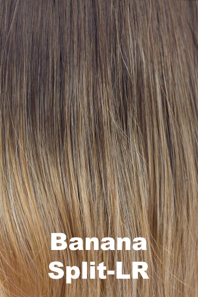Color Banana Split-LR for Amore wig Sadie #2558. Long rooted chocolate brown gradually blending to a light golden blonde and warm blonde highlights.