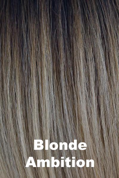 Color Blonde Ambition for Orchid wig Flawless (#4108). Butterscotch blonde gradually blending into a creamy blonde, golden blonde and champagne blonde mix with a chocolate brown root.