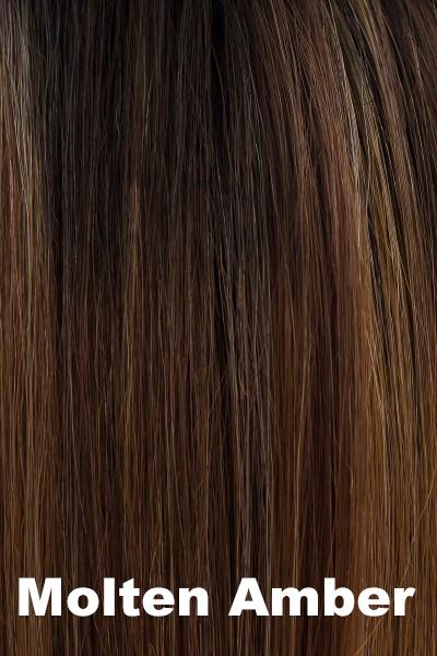 Color Molten Amber for Orchid wig Flawless (#4108). Dark brown root melting into a chestnut and deep copper base with creamy golden blonde highlights.