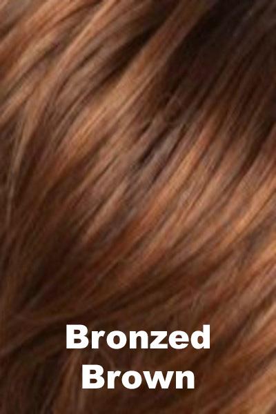 Color Bronzed Brown for Noriko wig Sky #1649. Medium red base with chocolate lowlights and hazel chocolate highlights.