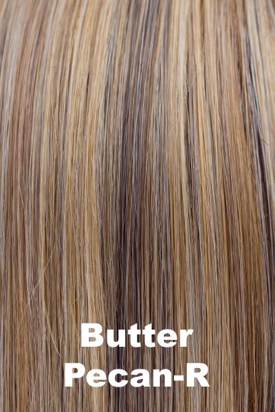 Color Butter Pecan-R for Noriko wig Angelica #1625. Pecan blonde base blended with warm toasted pecan white and creamy blonde multidimensional highlights and warm chocolate brown roots.