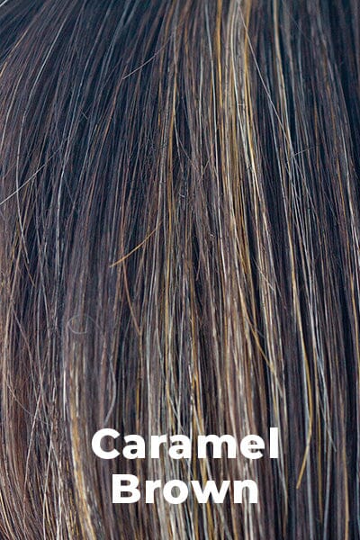 Color Caramel Brown for Rene of Paris wig Evanna #2378. Cappuccino brown base with golden blonde highlights.