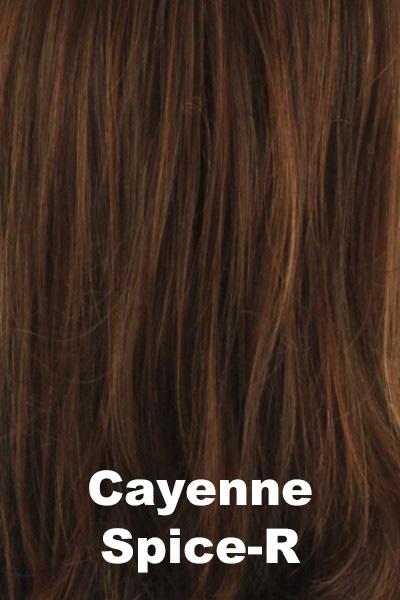 Color Cayenne Spice-R for Noriko wig May #1673. Deep pepper red base with medium brown roots and copper and golden strawberry red highlights woven throughout.