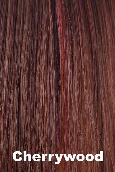 Color Cherrywood for Noriko wig Reese Large Cap (#1703). Medium red brown mix with rich chocolate, rich cherry and ruby scarlet woven throughout.