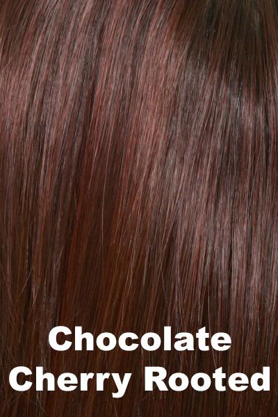 Color Swatch Chocolate Cherry for Envy wig Francesca.  Medium brown base with subtle red undertones and deep copper and golden brown highlights.