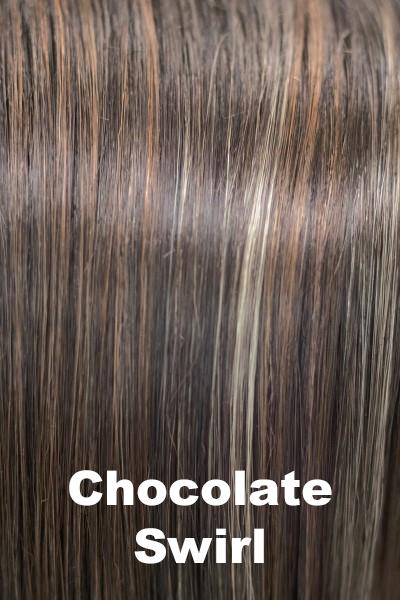 Color Chocolate Swirl for Orchid wig Serena (#5025). Rich medium brown base with a warm toned honey blonde and medium wheat blonde highlights.